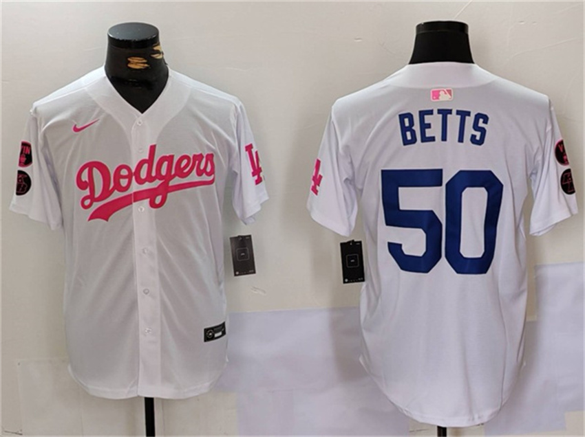Men's White/Pink Los Angeles Dodgers #50 Mookie Betts Vin & Kobe Patch Stitched Baseball Jersey